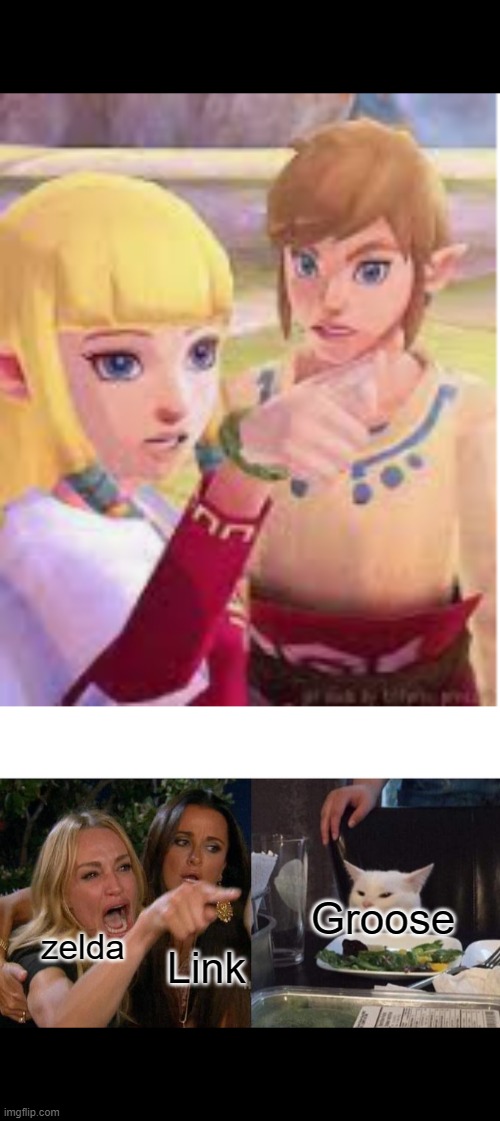 my old meme but the pic on the top is added | Groose; zelda; Link | image tagged in memes,woman yelling at cat,legend of zelda,lol,confused,screaming | made w/ Imgflip meme maker