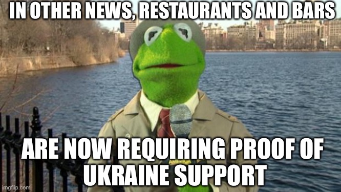 Kermit News Report | IN OTHER NEWS, RESTAURANTS AND BARS; ARE NOW REQUIRING PROOF OF 
UKRAINE SUPPORT | image tagged in kermit news report | made w/ Imgflip meme maker