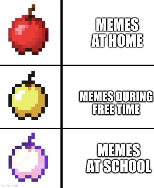 LIFE | MEMES AT HOME; MEMES DURING FREE TIME; MEMES AT SCHOOL | image tagged in minecraft apple format | made w/ Imgflip meme maker
