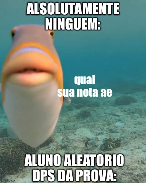 staring fish | ALSOLUTAMENTE NINGUEM:; qual sua nota ae; ALUNO ALEATORIO DPS DA PROVA: | image tagged in staring fish | made w/ Imgflip meme maker