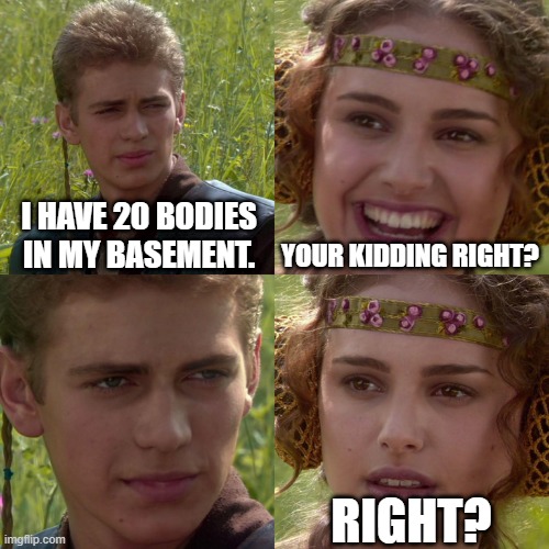 Anakin Padme 4 Panel | I HAVE 20 BODIES IN MY BASEMENT. YOUR KIDDING RIGHT? RIGHT? | image tagged in anakin padme 4 panel | made w/ Imgflip meme maker