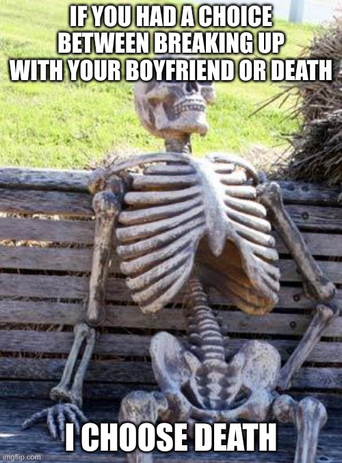 Waiting Skeleton | IF YOU HAD A CHOICE BETWEEN BREAKING UP WITH YOUR BOYFRIEND OR DEATH; I CHOOSE DEATH | image tagged in memes,waiting skeleton | made w/ Imgflip meme maker