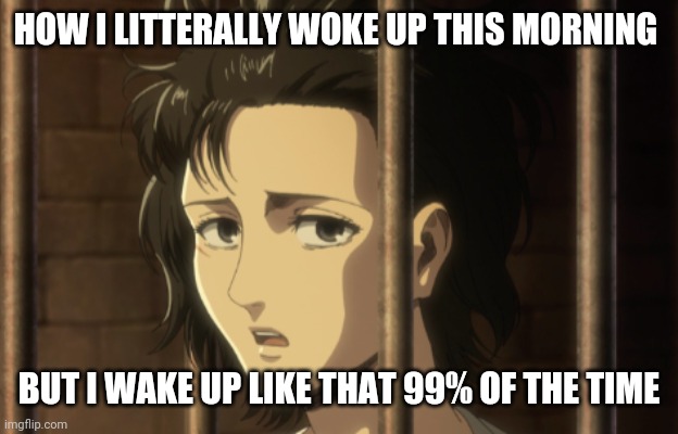 How i relate 2 mikasa in this way | HOW I LITTERALLY WOKE UP THIS MORNING; BUT I WAKE UP LIKE THAT 99% OF THE TIME | image tagged in attack on titan,memes,funny memes,wake up,morning,funny | made w/ Imgflip meme maker