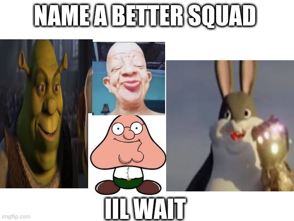 the best squad ever |  NAME A BETTER SQUAD; IIL WAIT | image tagged in bald guy drinking oreng juice,peter griffin,goomba,big chungus,smiling shrek | made w/ Imgflip meme maker