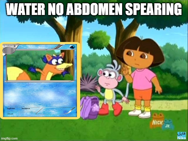 dora swiper no swiping  | WATER NO ABDOMEN SPEARING | image tagged in dora swiper no swiping | made w/ Imgflip meme maker