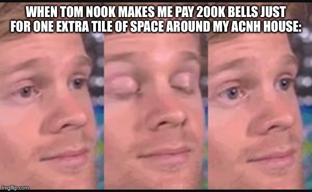 Tom Nook is Making Me Broke smh | WHEN TOM NOOK MAKES ME PAY 200K BELLS JUST FOR ONE EXTRA TILE OF SPACE AROUND MY ACNH HOUSE: | image tagged in blinking guy,animals,animal crossing,tom nook | made w/ Imgflip meme maker