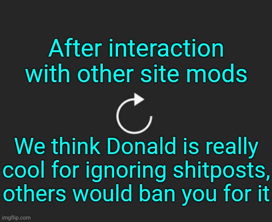 . | After interaction with other site mods; We think Donald is really cool for ignoring shitposts, others would ban you for it | image tagged in replay button | made w/ Imgflip meme maker