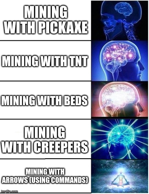 Expanding Brain 5 Panel |  MINING WITH PICKAXE; MINING WITH TNT; MINING WITH BEDS; MINING WITH CREEPERS; MINING WITH ARROWS (USING COMMANDS) | image tagged in expanding brain 5 panel | made w/ Imgflip meme maker