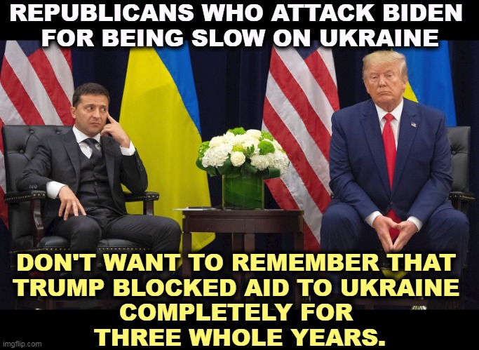 The usual Republican selective amnesia. | REPUBLICANS WHO ATTACK BIDEN 
FOR BEING SLOW ON UKRAINE; DON'T WANT TO REMEMBER THAT 

TRUMP BLOCKED AID TO UKRAINE 
COMPLETELY FOR 
THREE WHOLE YEARS. | image tagged in zelensky and trump who denied ukraine military aid,biden,smart,trump,republicans,dumb and dumber | made w/ Imgflip meme maker