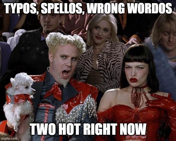 Mugatu So Hot Right Now Meme | TYPOS, SPELLOS, WRONG WORDOS TWO HOT RIGHT NOW | image tagged in memes,mugatu so hot right now | made w/ Imgflip meme maker