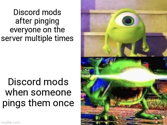 Mods be like | Discord mods after pinging everyone on the server multiple times; Discord mods when someone pings them once | image tagged in discord,discord moderator,mike wazowski,mike wazowski trying to explain,screaming bird | made w/ Imgflip meme maker