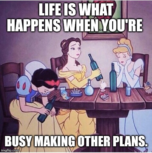 Life is a Cabaret |  LIFE IS WHAT HAPPENS WHEN YOU'RE; BUSY MAKING OTHER PLANS. | image tagged in drunk disney,life lessons,life problems,distraction,drinking | made w/ Imgflip meme maker