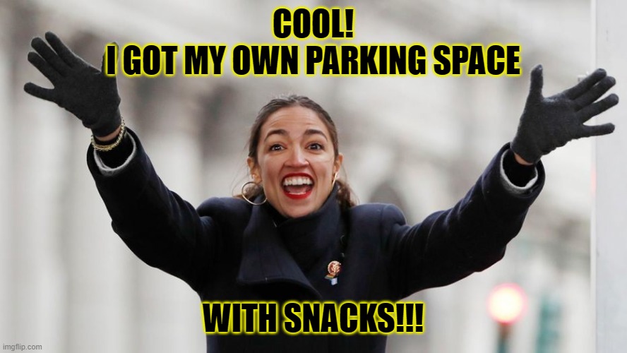 AOC Free Stuff | COOL!
I GOT MY OWN PARKING SPACE WITH SNACKS!!! | image tagged in aoc free stuff | made w/ Imgflip meme maker