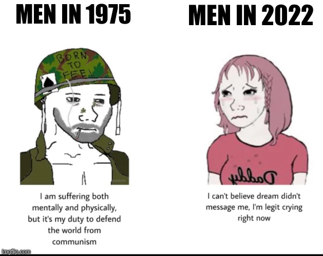 It Sadge how far men have unmanned I guess | MEN IN 2022; MEN IN 1975 | made w/ Imgflip meme maker