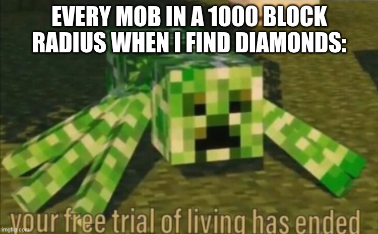 diamond | EVERY MOB IN A 1000 BLOCK RADIUS WHEN I FIND DIAMONDS: | image tagged in your free trial of living has ended | made w/ Imgflip meme maker