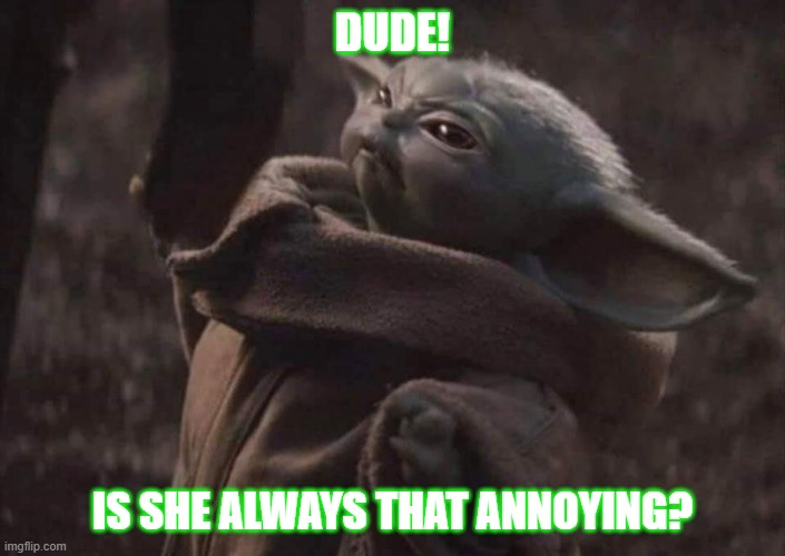 Annoyed Baby Yoda | DUDE! IS SHE ALWAYS THAT ANNOYING? | image tagged in baby yoda,star wars,annoying | made w/ Imgflip meme maker