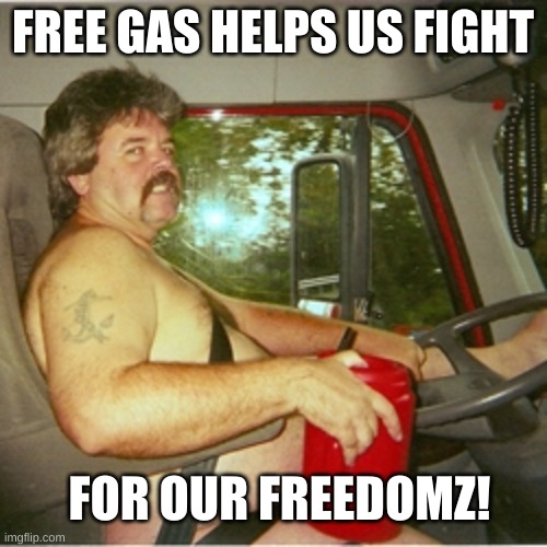 Trucker | FREE GAS HELPS US FIGHT FOR OUR FREEDOMZ! | image tagged in trucker | made w/ Imgflip meme maker