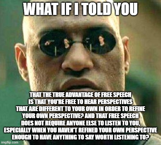 Communication Is A Two-Way Street. But Do You Have Anything To Say Worth Listening To? | WHAT IF I TOLD YOU; THAT THE TRUE ADVANTAGE OF FREE SPEECH
IS THAT YOU'RE FREE TO HEAR PERSPECTIVES THAT ARE DIFFERENT TO YOUR OWN IN ORDER TO REFINE YOUR OWN PERSPECTIVE? AND THAT FREE SPEECH DOES NOT REQUIRE ANYONE ELSE TO LISTEN TO YOU, ESPECIALLY WHEN YOU HAVEN'T REFINED YOUR OWN PERSPECTIVE
ENOUGH TO HAVE ANYTHING TO SAY WORTH LISTENING TO? | image tagged in what if i told you,free speech,not listening,you don't say,waste of time,perspective | made w/ Imgflip meme maker