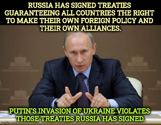 Vladimir Putin | RUSSIA HAS SIGNED TREATIES 
GUARANTEEING ALL COUNTRIES THE RIGHT 
TO MAKE THEIR OWN FOREIGN POLICY AND 
THEIR OWN ALLIANCES. PUTIN'S INVASION OF UKRAINE VIOLATES 
THOSE TREATIES RUSSIA HAS SIGNED. | image tagged in memes,vladimir putin,russia,outlaws | made w/ Imgflip meme maker