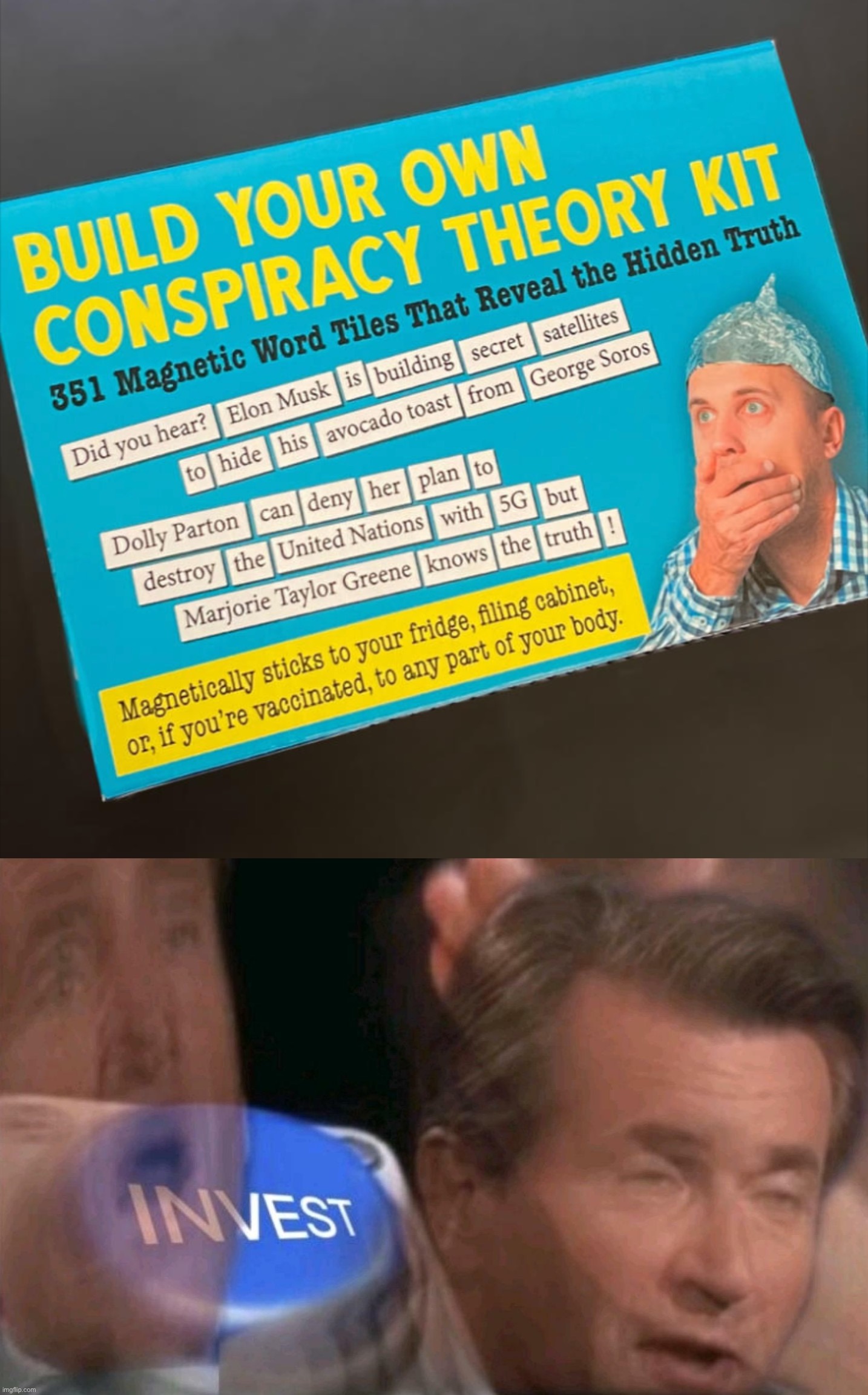 This is a real thing that you can actually buy | image tagged in build your own conspiracy theory kit,invest | made w/ Imgflip meme maker