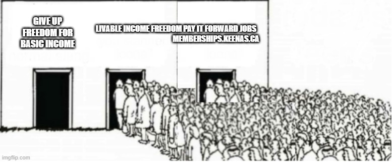 Three Door Two Crowd | LIVABLE INCOME FREEDOM PAY IT FORWARD JOBS  
  MEMBERSHIPS.KEENAS.CA; GIVE UP FREEDOM FOR BASIC INCOME | image tagged in three door two crowd | made w/ Imgflip meme maker