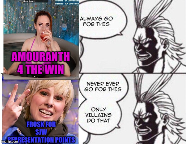 Amouranth vs Frosk | AMOURANTH 4 THE WIN; FROSK FOR SJW REPRESENTATION POINTS | image tagged in all might,gaming,sjw,hot tub | made w/ Imgflip meme maker