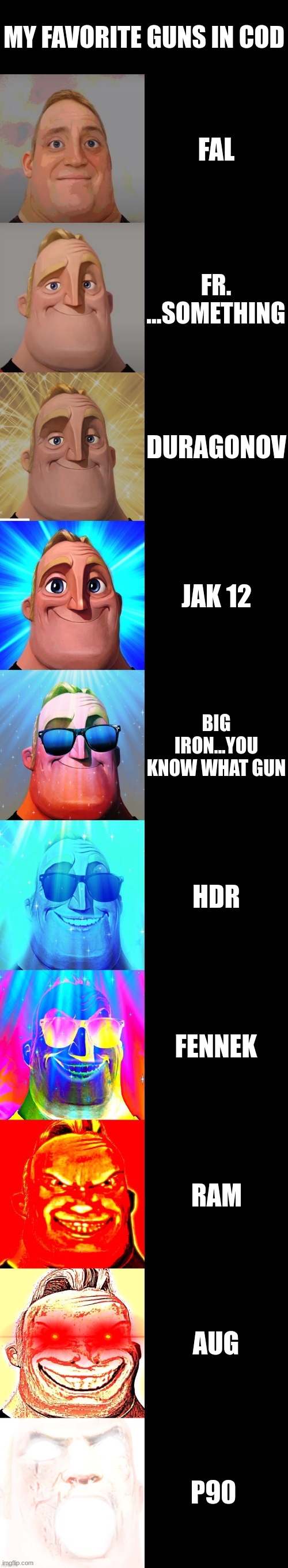 E1 | MY FAVORITE GUNS IN COD; FAL; FR. ...SOMETHING; DURAGONOV; JAK 12; BIG IRON...YOU KNOW WHAT GUN; HDR; FENNEK; RAM; AUG; P90 | image tagged in mr incredible becoming canny | made w/ Imgflip meme maker