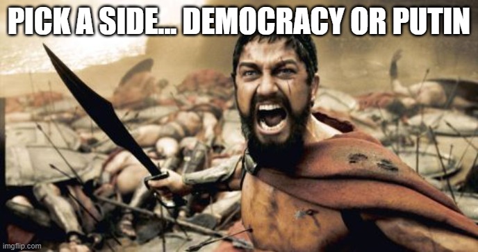 Sparta Leonidas | PICK A SIDE... DEMOCRACY OR PUTIN | image tagged in memes,sparta leonidas | made w/ Imgflip meme maker