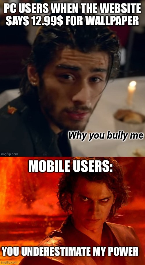 PC USERS WHEN THE WEBSITE SAYS 12.99$ FOR WALLPAPER; MOBILE USERS:; YOU UNDERESTIMATE MY POWER | image tagged in zayn why you bully me,memes,you underestimate my power | made w/ Imgflip meme maker