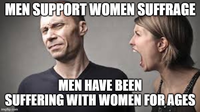 Wife yelling | MEN SUPPORT WOMEN SUFFRAGE; MEN HAVE BEEN SUFFERING WITH WOMEN FOR AGES | image tagged in wife yelling | made w/ Imgflip meme maker