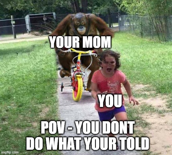 Run! | YOUR MOM; YOU; POV - YOU DONT DO WHAT YOUR TOLD | image tagged in run | made w/ Imgflip meme maker