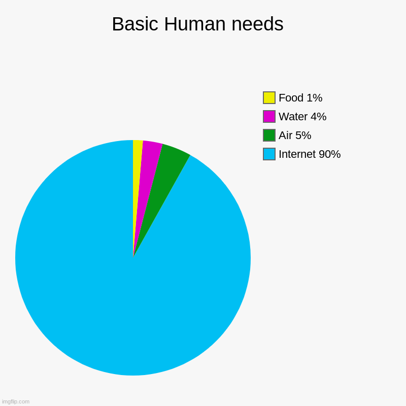 Basic Human Needs | Basic Human needs  | Internet 90%, Air 5%, Water 4%, Food 1% | image tagged in charts,pie charts | made w/ Imgflip chart maker