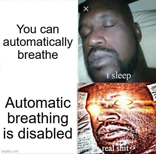Sleeping Shaq | You can automatically breathe; Automatic breathing is disabled | image tagged in memes,sleeping shaq | made w/ Imgflip meme maker