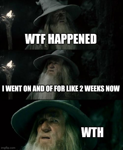 Confused Gandalf | WTF HAPPENED; I WENT ON AND OF FOR LIKE 2 WEEKS NOW; WTH | image tagged in memes,confused gandalf | made w/ Imgflip meme maker