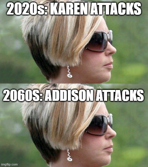 2020s: KAREN ATTACKS; 2060S: ADDISON ATTACKS | image tagged in karen | made w/ Imgflip meme maker