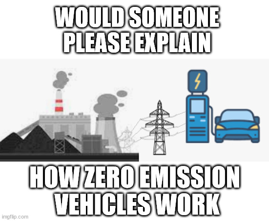 Something doesn't add up | WOULD SOMEONE PLEASE EXPLAIN; HOW ZERO EMISSION  VEHICLES WORK | image tagged in question,environment,climate change | made w/ Imgflip meme maker