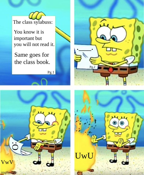 Spongebob Burning Paper | The class sylabuss:; You know it is important but you will not read it. .___. Same goes for the class book. Pg.2; Pg.1; UwU; :O; VwV | image tagged in spongebob burning paper,syllabus,books,class,school,uwu | made w/ Imgflip meme maker