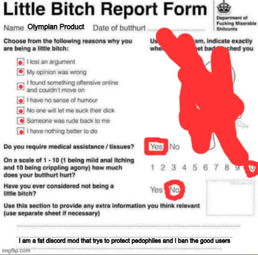 Little bitch report form | Olympian Product; I am a fat discord mod that trys to protect pedophiles and I ban the good users | image tagged in little bitch report form | made w/ Imgflip meme maker