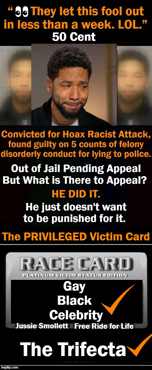 The Oppression Is NOT Real |  The PRIVILEGED Victim Card; Jussie Smollett; Gay 
Black 
Celebrity; Free Ride for Life; The Trifecta | image tagged in politics,jussie smollett,victim,oppression,privilege,consequences | made w/ Imgflip meme maker