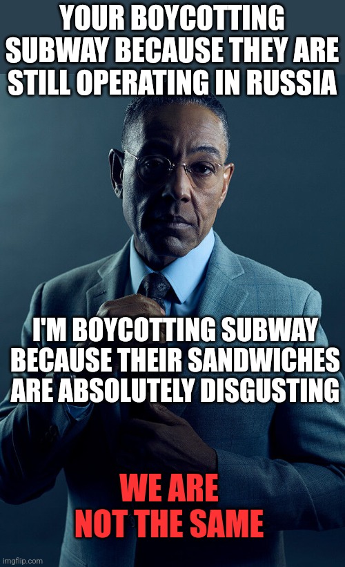 Boycott Subway | YOUR BOYCOTTING SUBWAY BECAUSE THEY ARE STILL OPERATING IN RUSSIA; I'M BOYCOTTING SUBWAY BECAUSE THEIR SANDWICHES ARE ABSOLUTELY DISGUSTING; WE ARE NOT THE SAME | image tagged in gus fring we are not the same | made w/ Imgflip meme maker