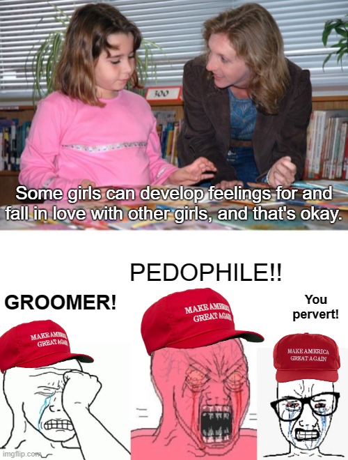 What LGBTQ education actually looks like | Some girls can develop feelings for and fall in love with other girls, and that's okay. PEDOPHILE!! GROOMER! You pervert! | image tagged in lgbtq,florida,ron desantis,conservative logic,school,dont say gay | made w/ Imgflip meme maker