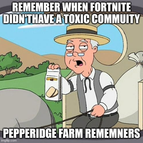 Pepperidge Farm Remembers | REMEMBER WHEN FORTNITE DIDN'THAVE A TOXIC COMMUITY; PEPPERIDGE FARM REMEMNERS | image tagged in memes,pepperidge farm remembers | made w/ Imgflip meme maker