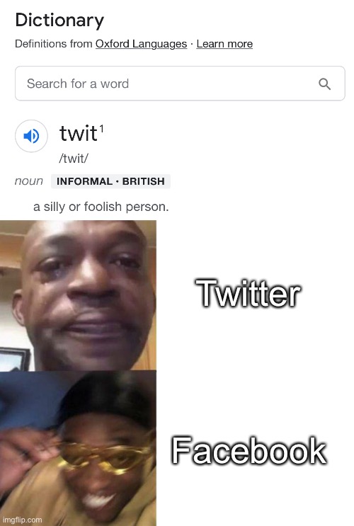 Why did they name it that? | Twitter; Facebook | image tagged in black guy crying and black guy laughing | made w/ Imgflip meme maker
