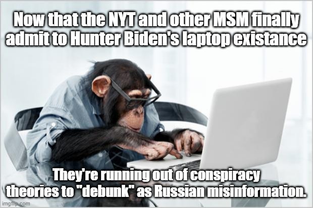 NYT misinformation | Now that the NYT and other MSM finally admit to Hunter Biden's laptop existance; They're running out of conspiracy theories to "debunk" as Russian misinformation. | image tagged in monkey-laptop | made w/ Imgflip meme maker