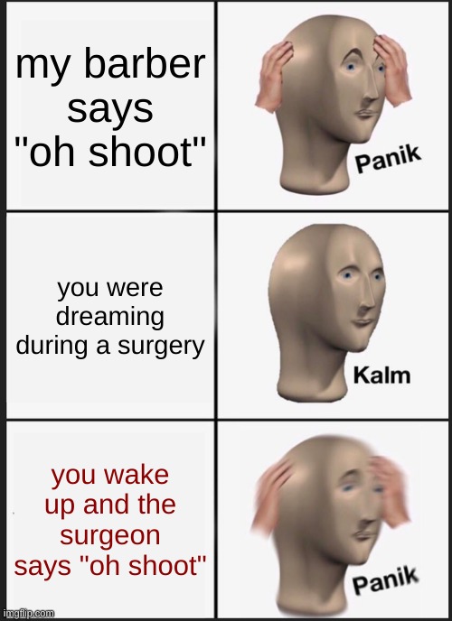 that doesn't sound good | my barber says "oh shoot"; you were dreaming during a surgery; you wake up and the surgeon says "oh shoot" | image tagged in memes,panik kalm panik | made w/ Imgflip meme maker