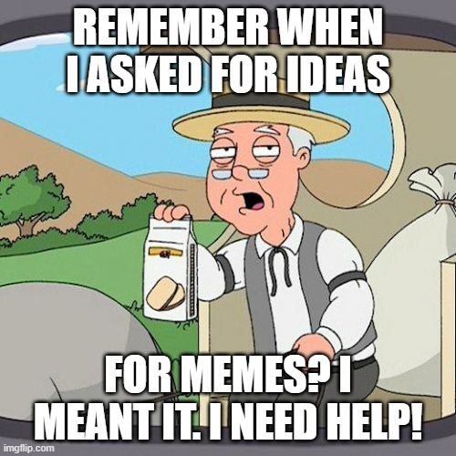 PLZ HELP!! | REMEMBER WHEN I ASKED FOR IDEAS; FOR MEMES? I MEANT IT. I NEED HELP! | image tagged in memes,pepperidge farm remembers | made w/ Imgflip meme maker