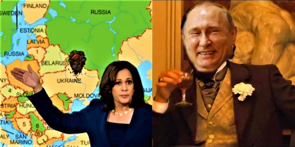 High Quality Kamala shows Ukraine map, Putin laughs Blank Meme Template