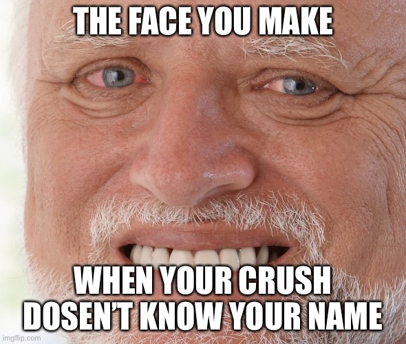 Yeah, it’s like that | THE FACE YOU MAKE; WHEN YOUR CRUSH DOSEN’T KNOW YOUR NAME | image tagged in hide the pain harold | made w/ Imgflip meme maker