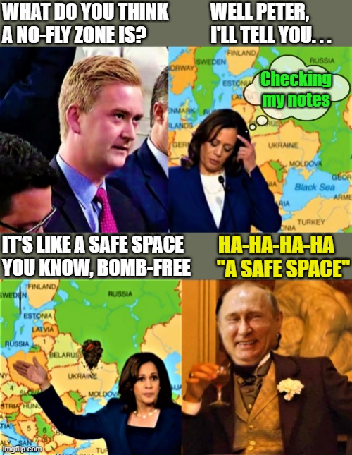 Peter Doocy questions Kamala on Ukraine, Putin laughs | WHAT DO YOU THINK
A NO-FLY ZONE IS? WELL PETER, 
     I'LL TELL YOU. . . Checking
my notes; HA-HA-HA-HA    
"A SAFE SPACE"; IT'S LIKE A SAFE SPACE
YOU KNOW, BOMB-FREE | image tagged in political humor,ukraine,kamala harris,vladimir putin,peter,safe space | made w/ Imgflip meme maker