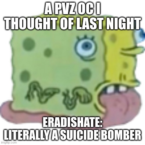 Asoingbob Snal | A PVZ OC I THOUGHT OF LAST NIGHT; ERADISHATE:
LITERALLY A SUICIDE BOMBER | image tagged in asoingbob snal | made w/ Imgflip meme maker